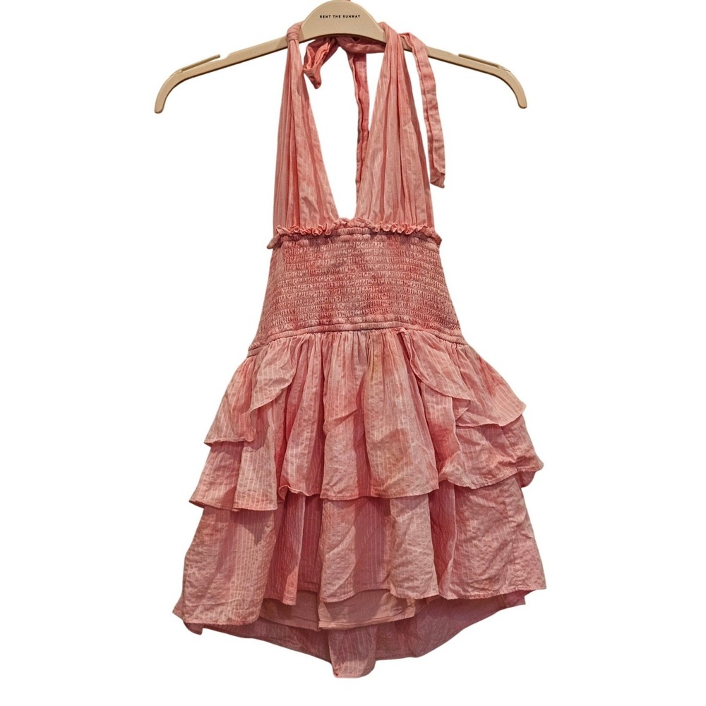 LoveShackFancy Pink Cotton Dobby Stripe Tiered Ruffle Halter‎ Mini Dress Medium
